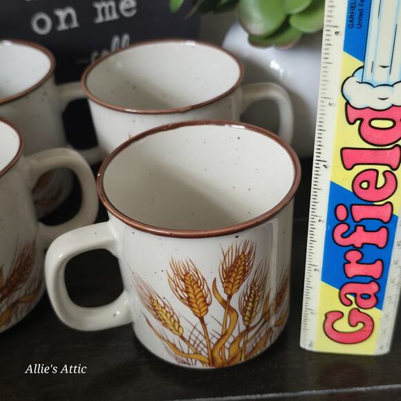 4 Buckwheat Stoneware Tan Speckled Coffee Mugs Cups Main Isle Vintage 1970s Set - Picture 5 of 5